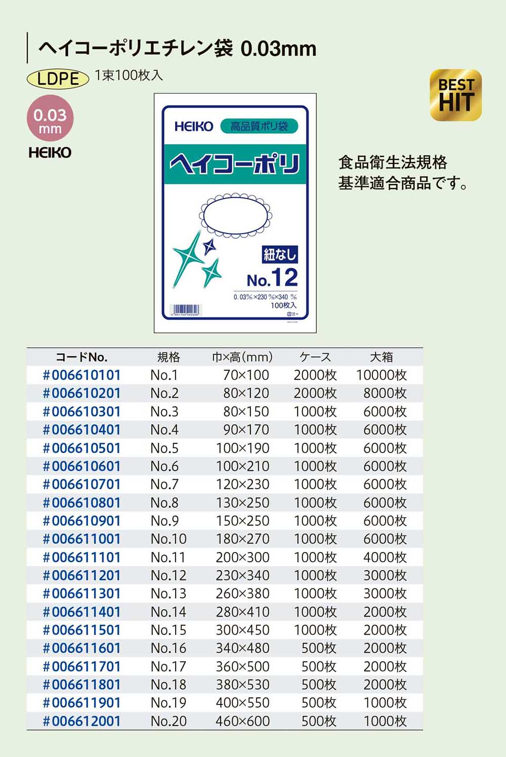ケース販売HEIKO 規格ポリ袋 ヘイコーポリ No.420 紐なし 006619000 1ケース(100枚入×10袋 合計1000枚)