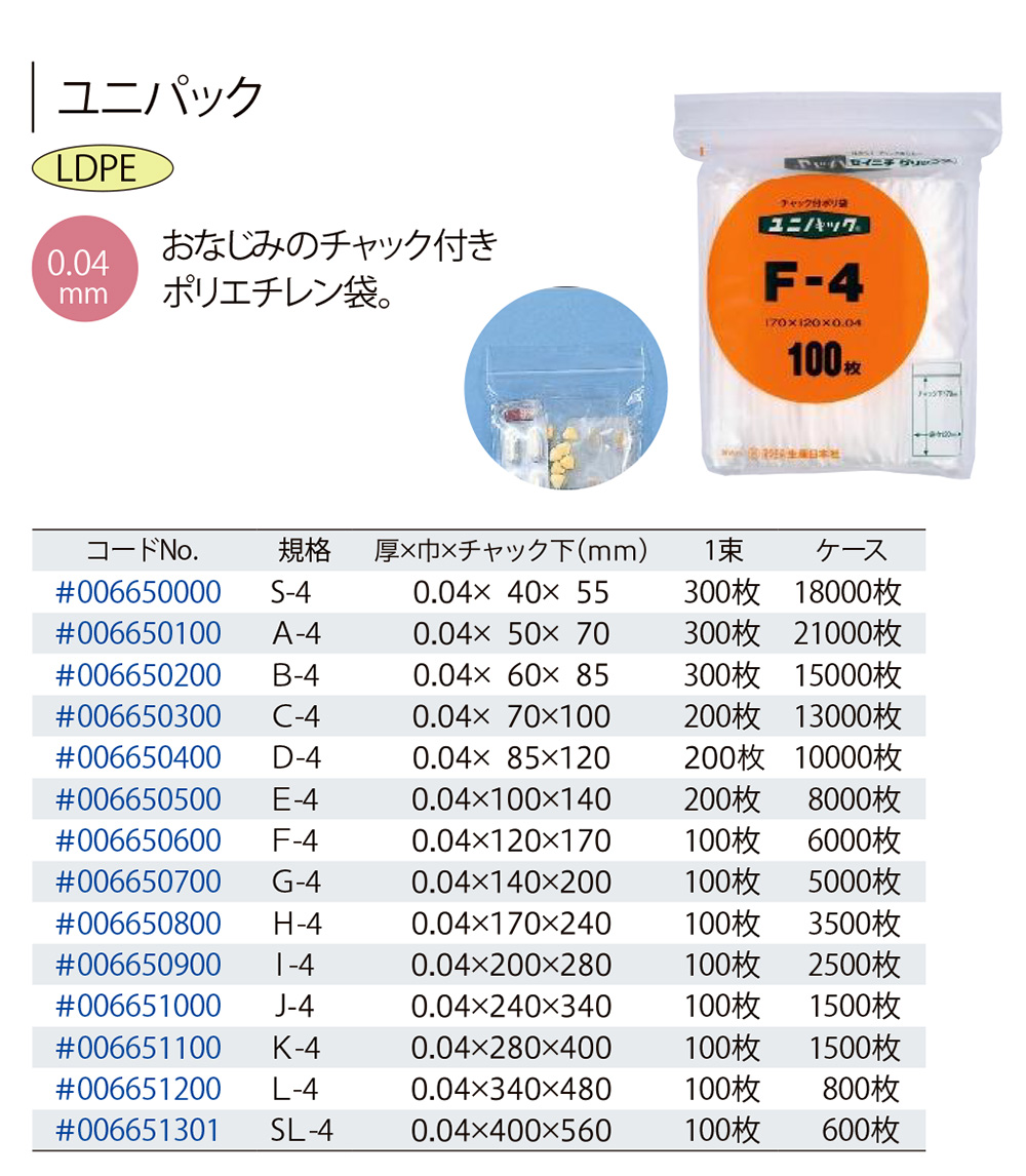 88％以上節約 セイニチ ユニパック チャック付 ポリエチレン ヨコ７０×タテ１００×厚み０．０４ｍｍ Ｃ−４ １パック １００枚 