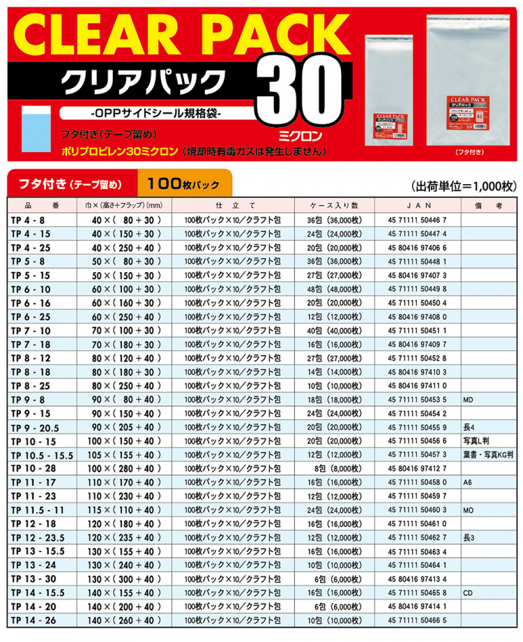 クリアパック30ミクロン (フタ付き)巾40㎜～140㎜