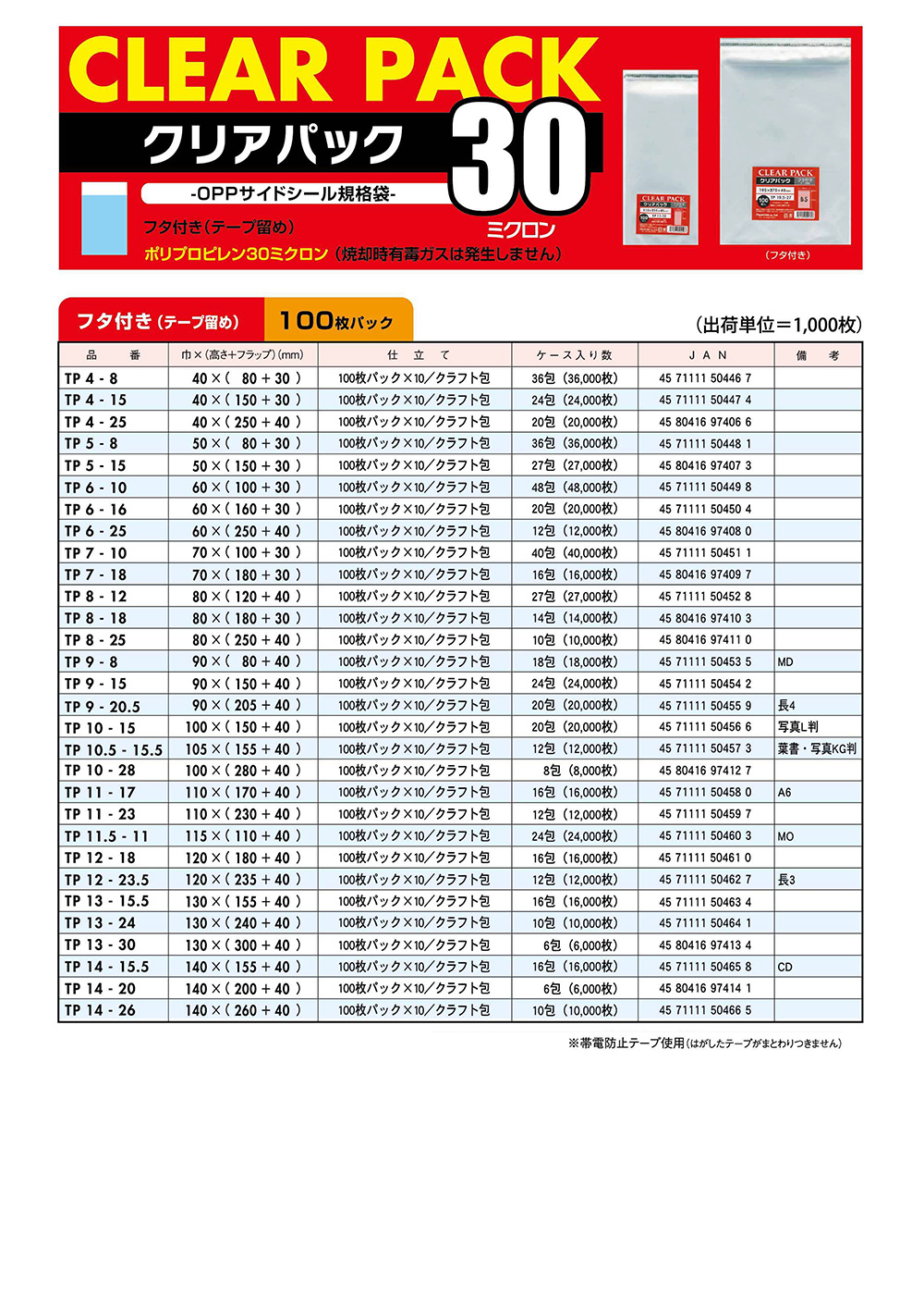 クリアパック30ミクロン／TPタイプ（巾150mm未満）