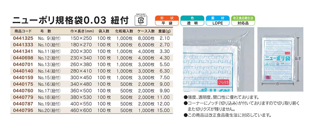 福助工業 ニューポリ規格袋 0.03 紐付 - 包装資材・食品容器のパック