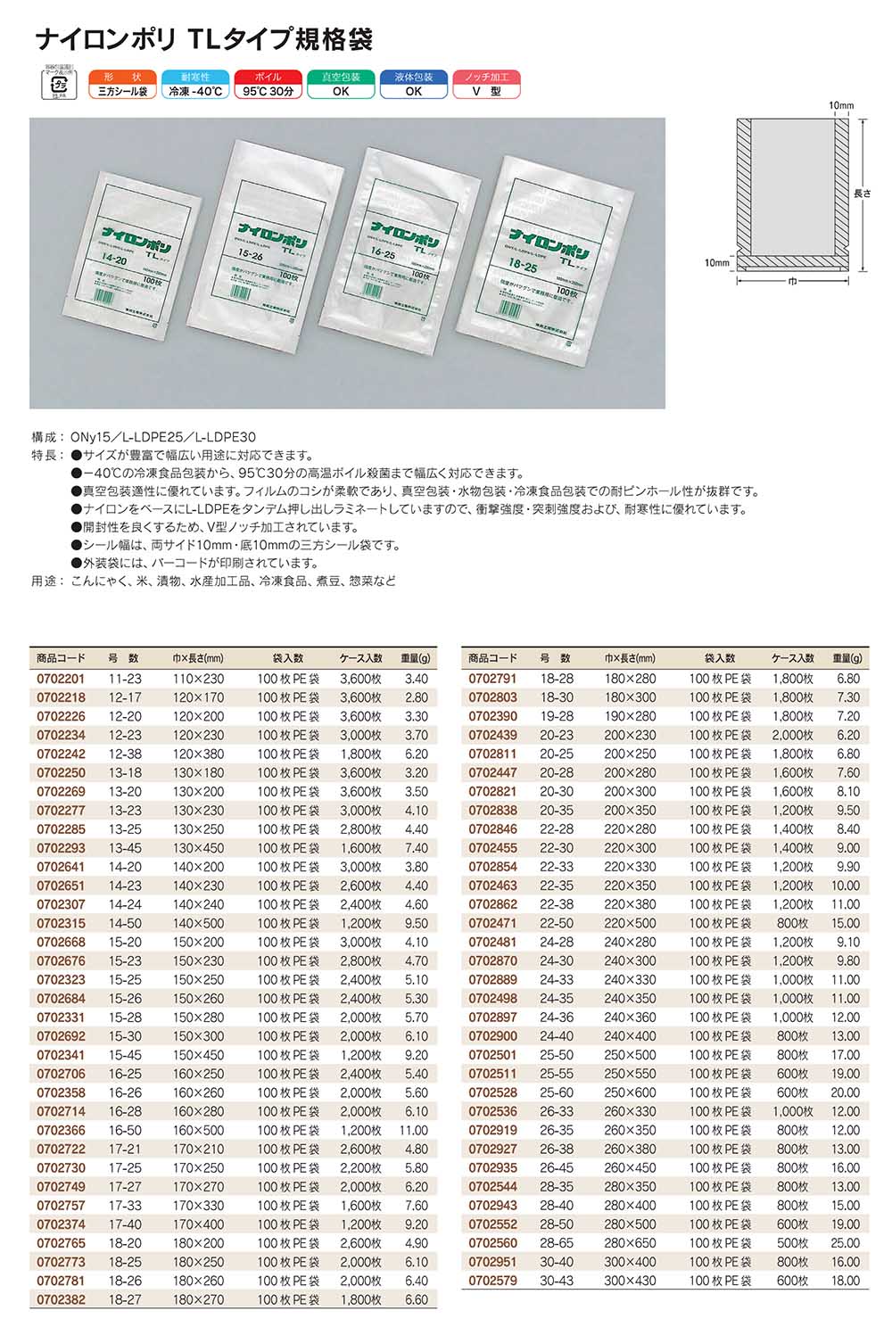 真空・水物包装ナイロン新Ｌタイプ規格袋１５号75μ200×350