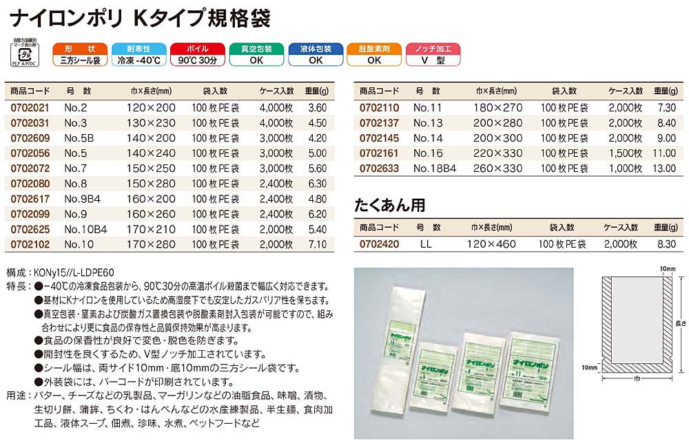 ナイロンポリ Kタイプ：Kナイロンを使用しているため高湿度下でも安定したガスバリア性を保持