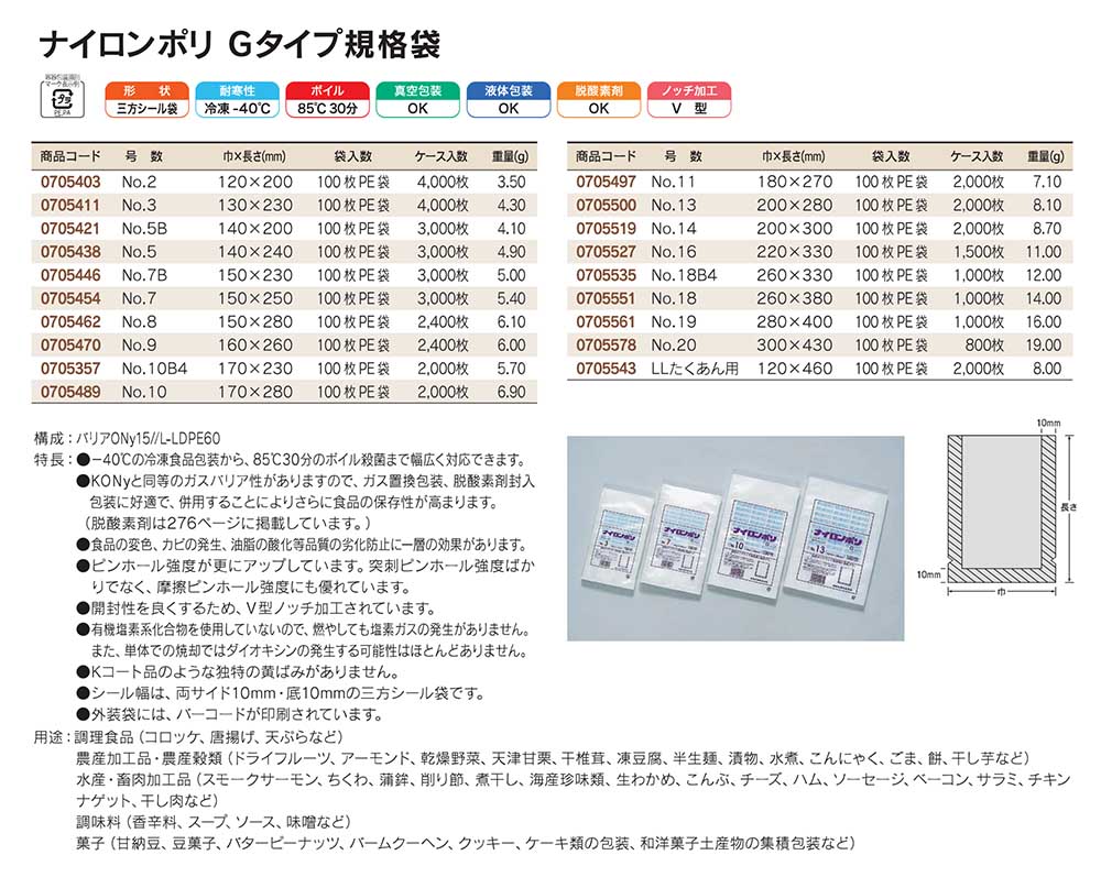 ナイロンポリ Gタイプ：KONｙと同等のガスバリア性で食品の変色、カビの発生、油脂の酸化等劣化防止