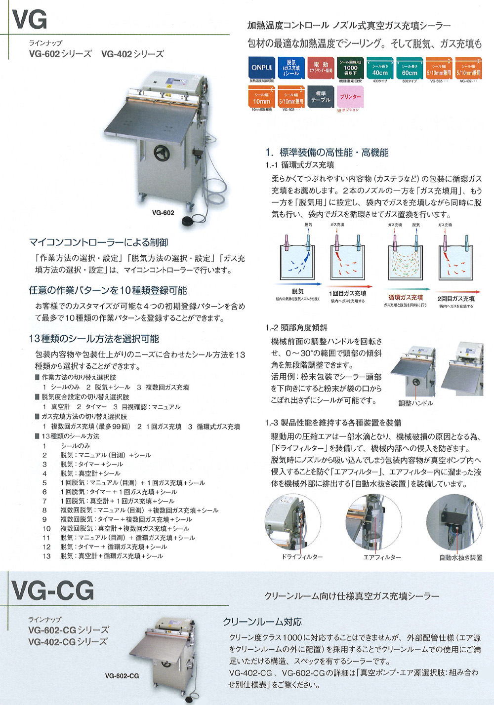 加熱温度コントロール ノズル式真空ガス充填シーラー VG-602/VG-402 シリーズ 【取り扱い終了】