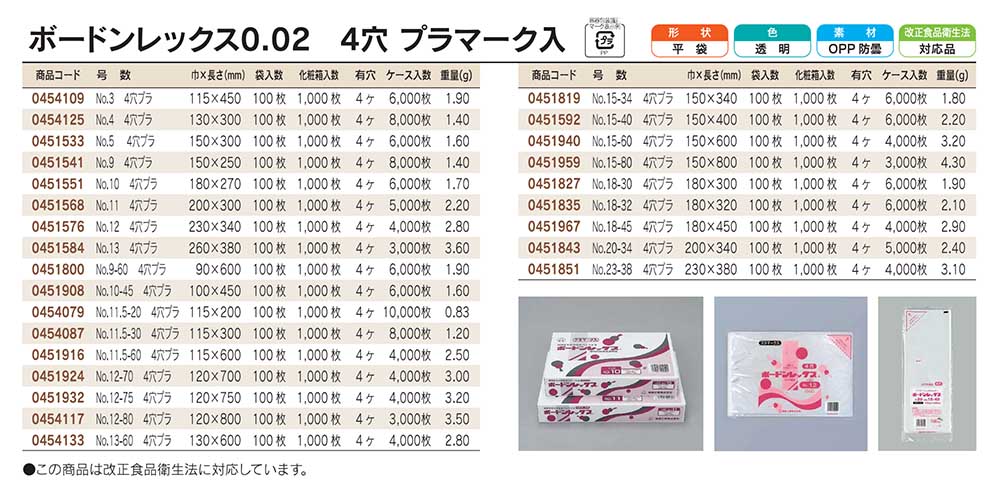 ボードンレックス 0.02 4穴 プラマーク入 - 包装資材・食品容器の