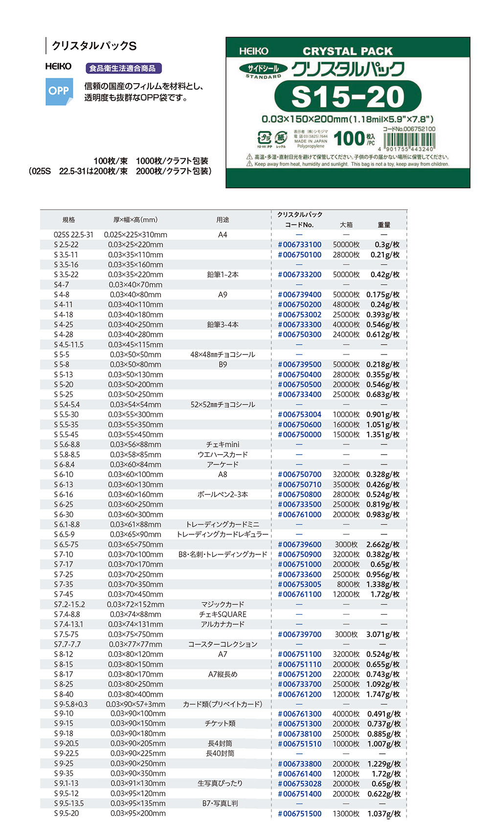 クリスタルパックS （幅100mm未満）