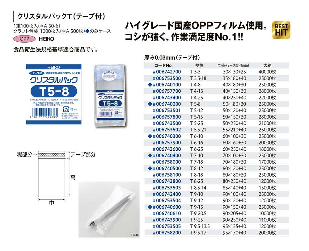 最安値級価格 OPP袋 透明袋 A7用 単二乾電池2本サイズ テープ付き 100枚入 クリスタルパック 厚0.03×幅80×高120 テープ部分40mm  シモジマ HEIKO T 8-12