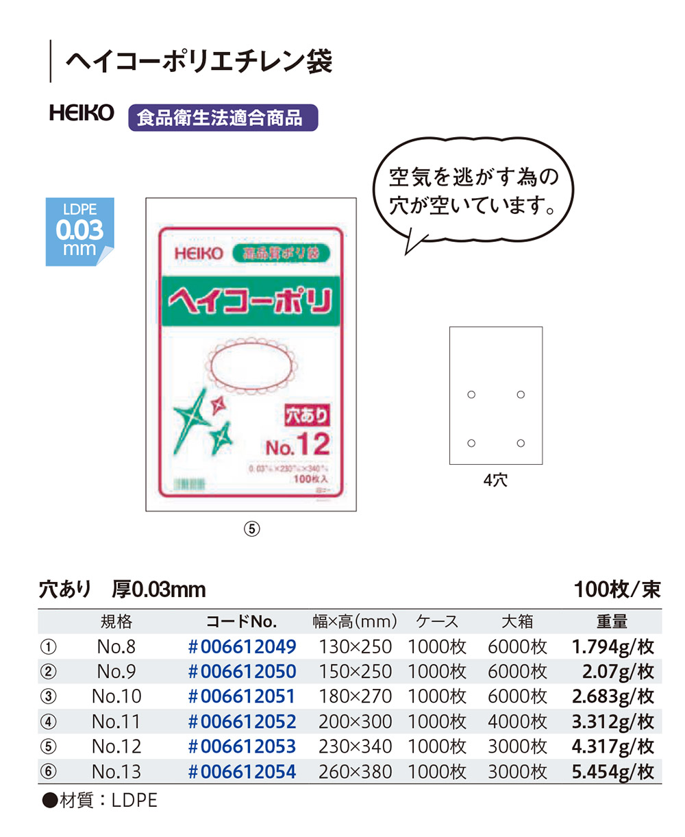 ヘイコーポリ 厚み0.03mm 穴あり - 包装資材・食品容器のパックウェブ.ビズ