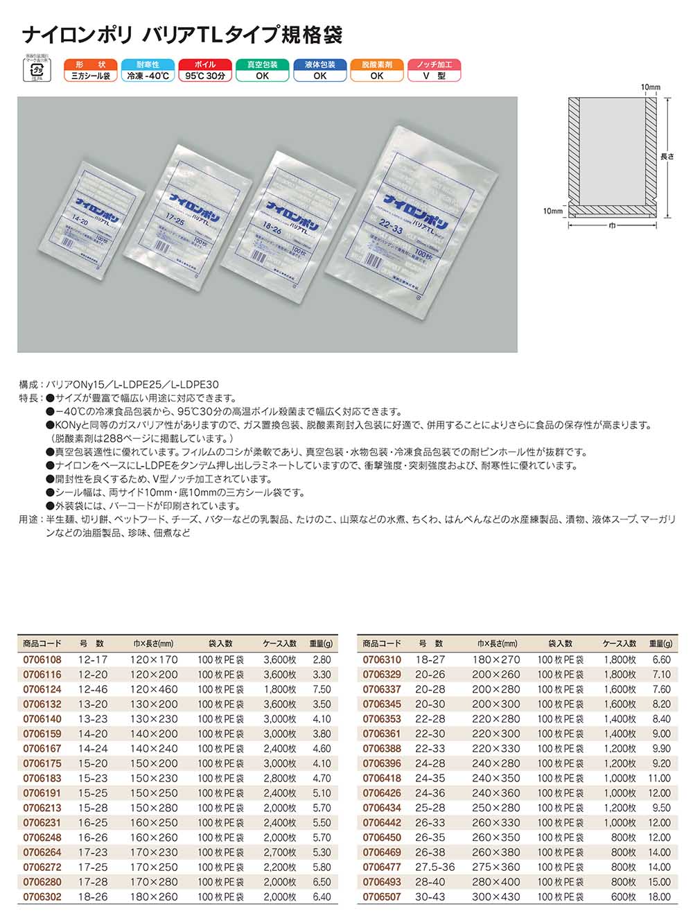 ナイロンポリ バリアTLタイプ：ガス置換包装・脱酸素剤封入包装に好適