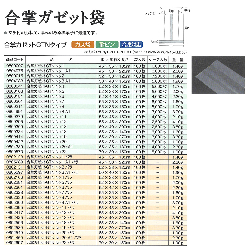 合掌ガゼット袋 GTNタイプ