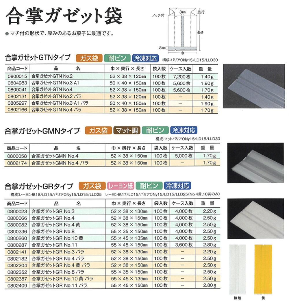 合掌ガゼット袋 GTNタイプ・GMNタイプ・GRタイプ