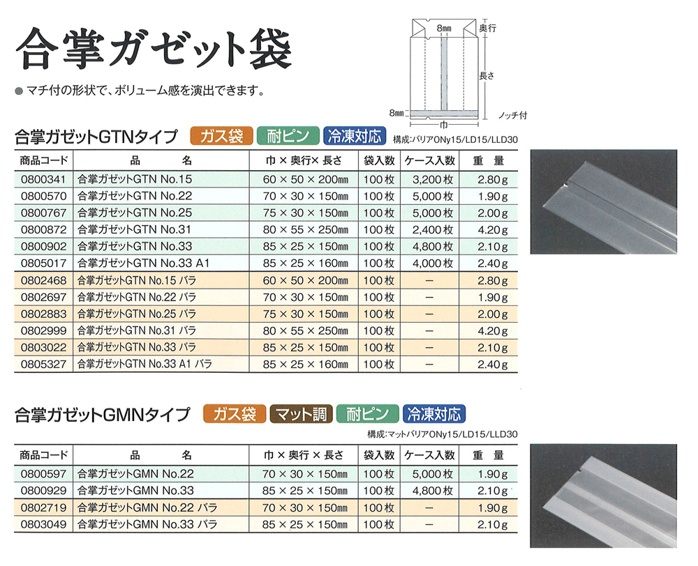 合掌ガゼット袋 GTNタイプ・ＧＭＮタイプ