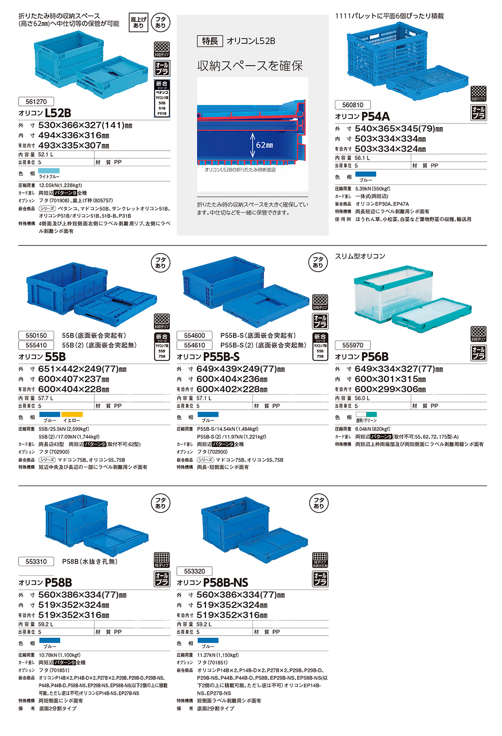サンコー 三甲 オリコン P55B-S(底面突起有) ブルー 554600