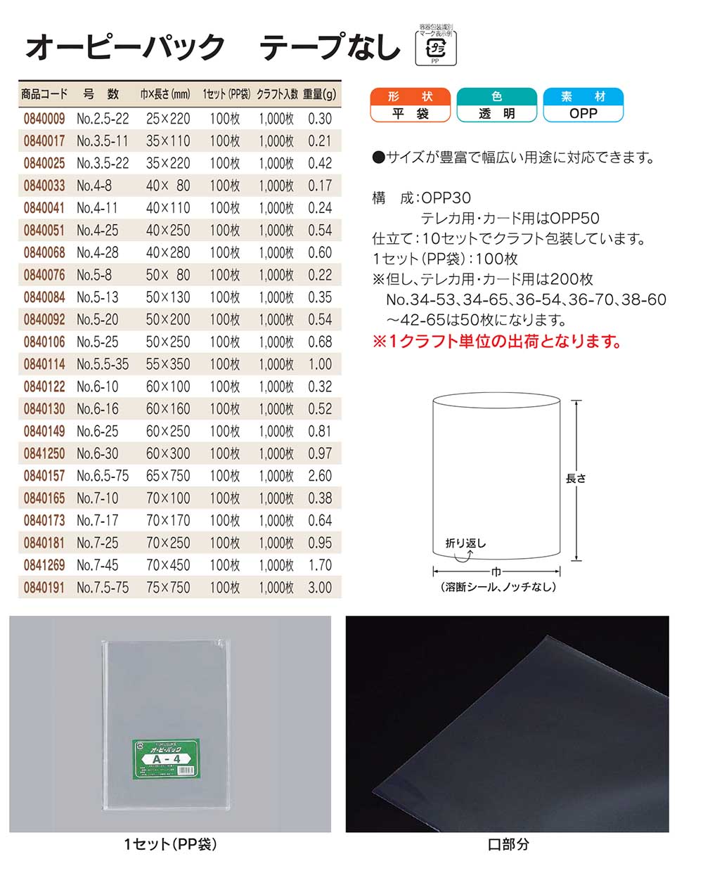 オーピーパック テープなし 巾25～75mm