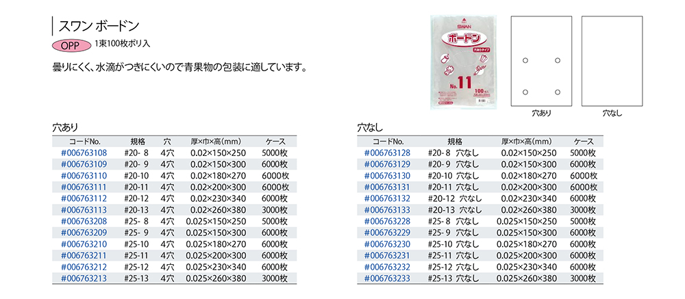 春の新作続々 ボードンパック ＃20 No.11 穴有り 6000枚 100×60P ＃20×200×300 ボードン袋 シモジマ SWAN 