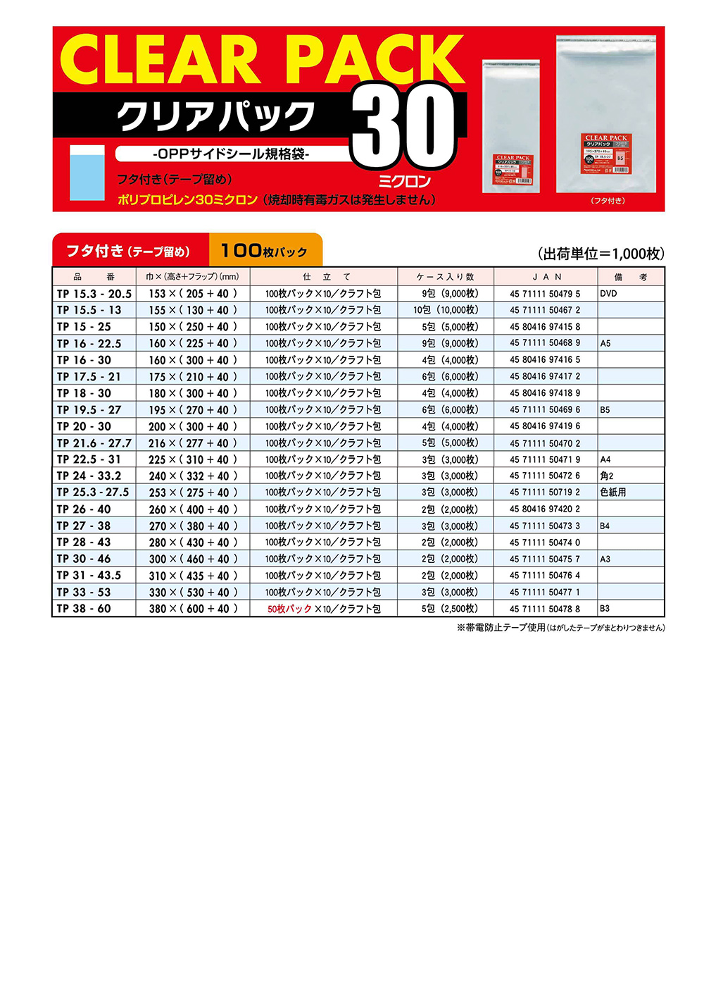 クリアパック30ミクロン／TPタイプ（巾150mm以上） - 包装資材・食品