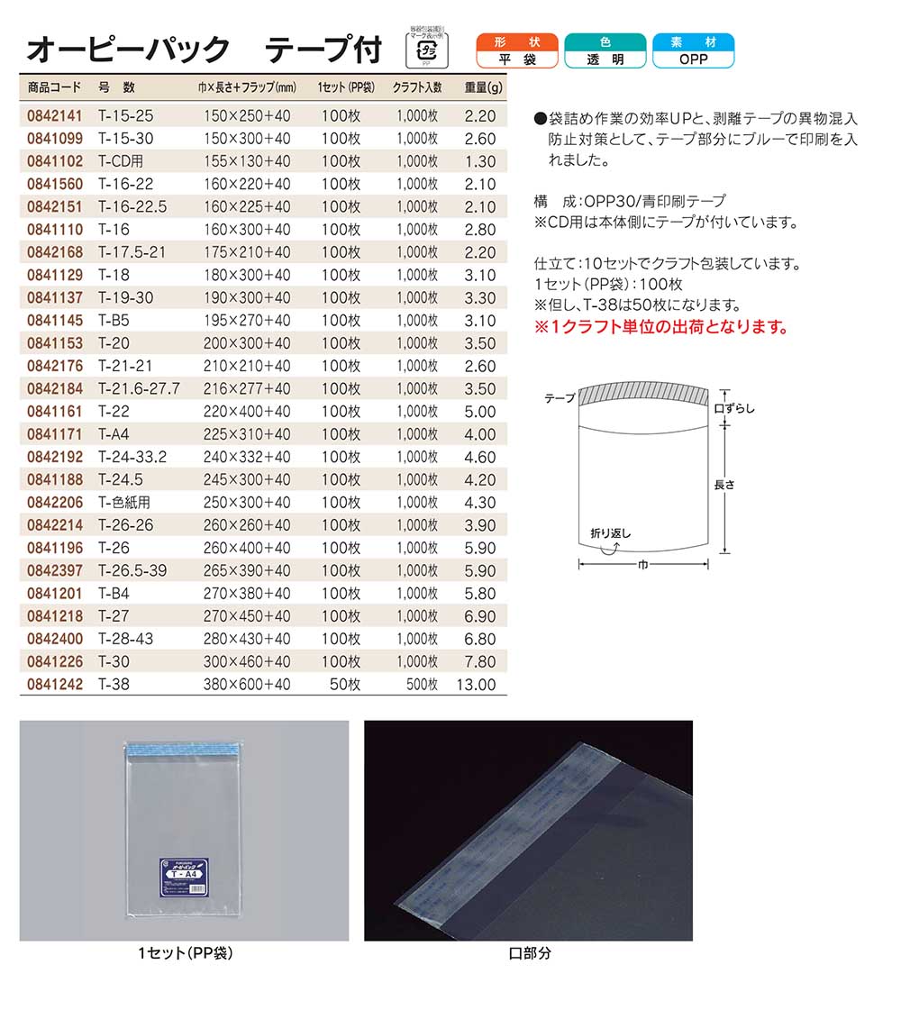 オーピーパック テープ付 巾150～380mm