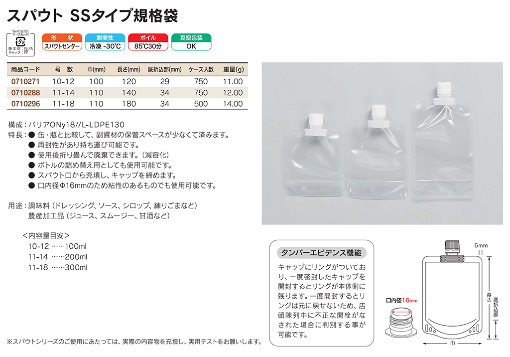 スパウト SSタイプ：スパウトの口から充填し、キャップを締めて包装します。